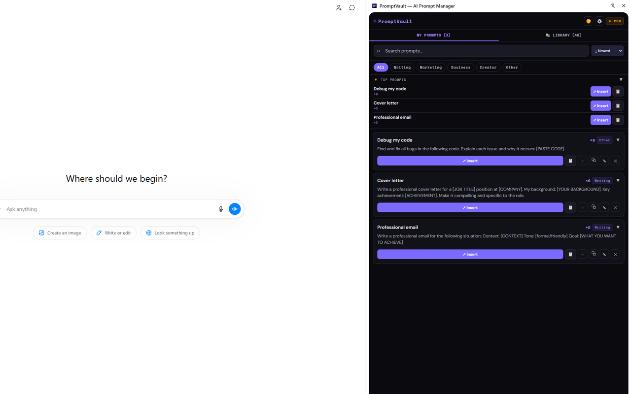 PromptVault running inside ChatGPT — prompt library on the right
